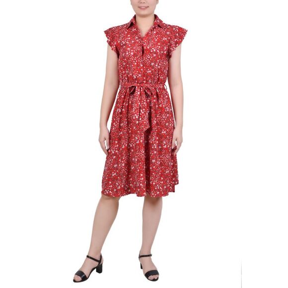 NY Collection Petite Belted Flutter Sleeve Printed Dress - Picture 1 of 1